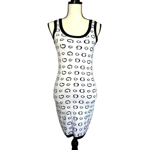 Guess Dresses & Skirts - GUESS Monogram G Logo Mini Dress Black White Knit Bodycon Sheath Women’s Size M